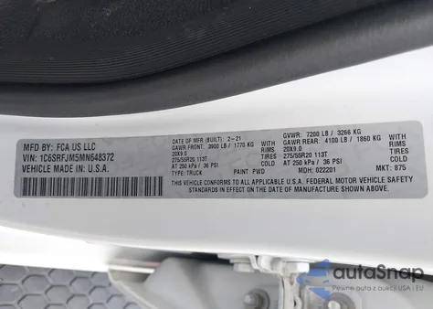 2021 Ram 1500 from USA, damaged, VIN 1C6SRFJM5MN648372